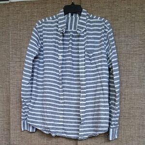 Gray and White Striped Button-Up Linen Cotton Shirt